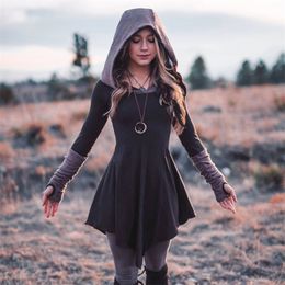 Contrast Asymmetrical Long Sleeve Dresses Women Big Hooded Slim Hooded Dress Vintage Female Autumn Winter Sweatshirt Dresses T200519