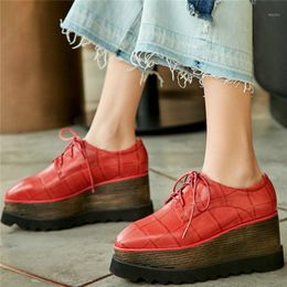 Dress Shoes Fashion Sneakers Women Lace Up Cow Leather Wedges High Heel Pumps Female Low Top Square Toe Platform Creepers Casual