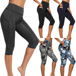 New Casual Women's 3/4 Yoga Pants Gym Fitness Sports Cropped Leggings Pocket Slim Pants Female Solid Colour Casual Yoga Pants H1221