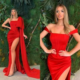2020 Kırmızı Denizkızı Gece Elbise Sarma Yan Slit Satin Uzun Prom Elbise Artı Elegant Kırmızı Halı Elbise