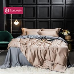 Sondeson Luxury 100% Silk Beauty Bedding Set 25 Momme Silk Duvet Cover Flat Sheet Bed Linen Pillowcase For Adult Bed Set 4PCS 201128