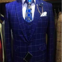 Latest Coat Pant Designs Classic Plaid Suit Men Royal Blue Wedding Suits For Men Formal Tuxedos Party Business Men Suit 3 Pcs 201105