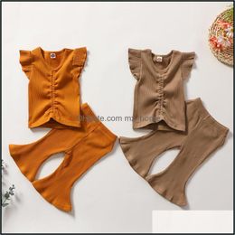Clothing Sets Baby & Kids Baby, Maternity Girls Solid Color Outfits Children Flying Sleeve Tops+Flared Pants 2Pcs/Set Summer Fashion Boutiqu