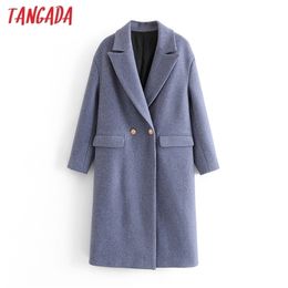 Tangada Women Blue Thick Long Wool Coats Jacket Loose Long sleeves pocket Winter Elegant coat 3W45 201216