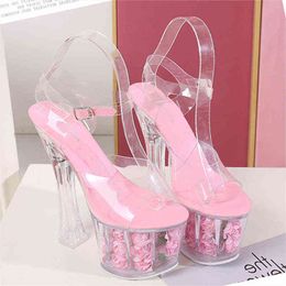 Sandals Transparent Crystal Shoes Wedding Shoes Platform Sandals Shoes Rosewood Rose Super Heels Thick Heels 220309