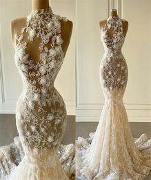 Floral Mermaid Wedding Dresses High Neck Appliqued Lace Beads Sleeveless Bridal Gowns Hand Made Flower Custom Made Vestidos De Novia