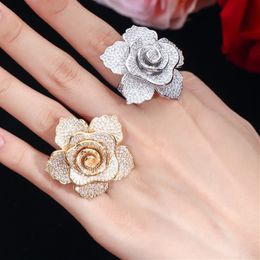 Elegant Rose Rings Luxury AAA Cubic Zirconia Copper Designer Jewelry For Ladies Women Party Mexican Gold Silver Full White CZ Wedding Bride Engagement Ring Gift
