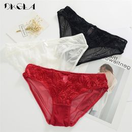 Low-Rise Lace Panties 3 Piece Black+White+Red Women Underwear Comfortable Transparent Briefs Plus Size XL Embroidery Sexy Panty 201112