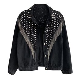 PERHAPS U Women's Denim Blue Black Grey Jacket Button Long Sleeves Jean Turn Down Collar Pocket Rivet Tassel C0505 201127