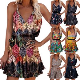 Fashion Dress New Summer Women's Short V-neck Pullover Printed Halter Skirt