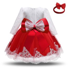 Baby Girls Christmas Princess Dress 1 Year Old Birthday Party Long Sleeve Lace Dress Winter Infant Newborn Christening Gown LJ201221
