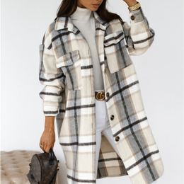 Womenr Vintage Woollen Cloth Gingham Coat Autumn Winter Fashion Casual Turn Down Colla Elegant Warm Jacket Women Long Coat 201216
