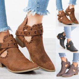 Women's Ladies Leisure Rome Solid Large Size Low Heels Buckle Short Boots Shoes Womens Comfortable Round Toe Zipper1