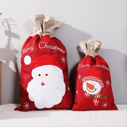 Christmas Gift Bags Santa Sack Drawstring Bag Snowman Santa Claus Kids Candy Bags Linen Printing Handbag Storage Bag Decorations LSK1446