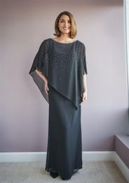 Chiffon Sheath Mother of the Bride Dresses Dark Grey Beaded Floor Length Long Evening Gowns Wedding Guest Mother's Dresses