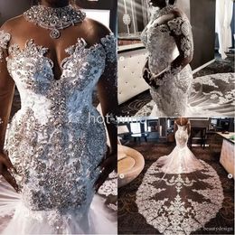 Luxury 2022 High Neck South African Mermaid Wedding Dresses Lace Crystals Beading Long Sleeves Bridal Gown High Neck Plus Size Vestiods EE