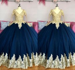 Gold Embellishment Applique Quinceanera Dresses With Long Sleeve 2022 V-neck Ball Gown Tulle Prom Formal Sweet 15 Girls 16 Dress Pageant