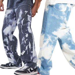 Y2K Baggy Jeans Streetwear Oversize Loose Straight Leg Wide Pant Men Tie Dye Cloud Motorcycle Hip Hop Trouser Loose Denim Cotton G0104