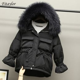 Fitaylor Winter Women 90% White Duck Down Parkas Slim Jackets Large Natural Raccoon Fur Hooded Warm Snow Coat Black Outwear 201118