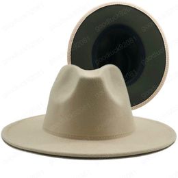 New Outer cream Inner Army Green Wool Felt Jazz Fedora Hats with Thin Belt Buckle Men Women Wide Brim Panama Trilby Cap