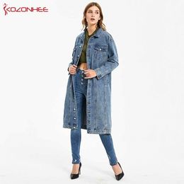 Fashion Blue Inelastic Women Long Denim Coat Jeans Coats Casual pocket Jackets Women Vintage Jeans Jacket #07 201030