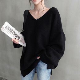 Korea Autumn Winter Chic Loose Lazy Pullover Length V-neck Sweater Bottoming Long Sleeve Cashmere Sweater Women Simple Pullover 201223