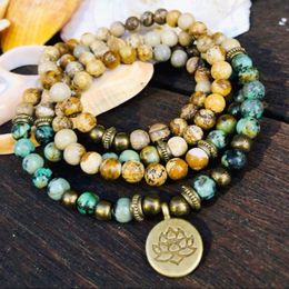 MG1346 6 mm African Turquoise 108 Mala Bracelet Lotus Charm Picture Jasper Yoga Mala Wrap Bracelet Best Birthday Gifts For Her