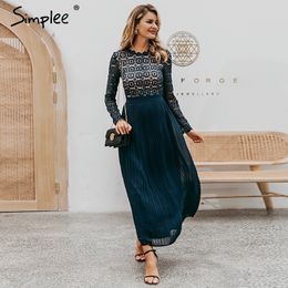 Simplee Elegant lace dress women Embroidery pleated o neck long plus size dresses female Autumn winter lady sexy party vestidos 201028