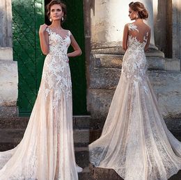 2021 Summer Boho Nude Trumpet Wedding Dress With Lace Appliques Illusion Back Sexy Mermaid Bridal Gowns Long Beach Country Bride Dresses