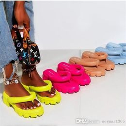 2022 Summer Slippers For Women Thick Bottom Slides Round Head Square Heel Herringbone Flip Flops Leisure Candy Colour Beach Sandals