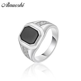 AINOUSHI 925 Sterling Silver Men Wedding Engagement Ring Black Solitiare Geometric Male Silver Anniversary Party Ring Jewelry Y200106