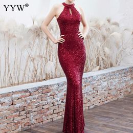 New Women Sequined Party Long Dresses Halter Sleeveless Mermaid Evening Dress Ladies Solid Sexy Robes Elegant Formal Gowns 201114