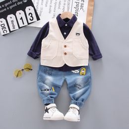 Korean Style Handsome High Quality Kid Boys Clothes Set Long Sleeve Sweatshirt+Vest+Denim Pant 3Pcs Tracksuit