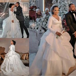 2021 Satin A-Line Wedding Dress Ruffles Skirt V-neck Long Sleeves Bridal Gowns vestido de novia Country Garden Wedding Gowns