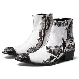 Fashion Metal Toe Zip Man High Heel Party Shoes Python-patterned Men's Handmade Cowboy Ankle Boots For Male