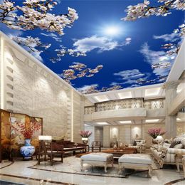 Customised 3d large wallpaper beautiful cherry blossom blue sky white cloud ceiling mural living room