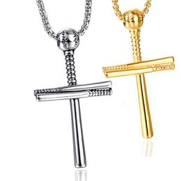 Baseball Player and Stacked Baseballs Bat Cross Pendant Necklace Stainless Steel Faith Male Jewelry