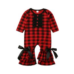 Pudcoco US Stock Cute Newborn Baby Girl Plaids Ruffle Romper Long Sleeve Red Black Plaid Bowknot Jumpsuit Autumn Clothes Outfit 201029