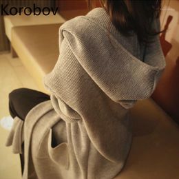 Korobov 2020 New Autumn Outwear Women Cardigans Vintage Solid Pockets Long Knitted Tops Oversize Hooded Thin Sweaters 786421