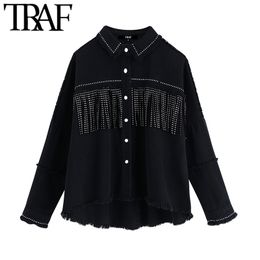 TRAF Women Stylish Tassel Beaded Oversized Denim Jacket Coat Vintage Fashion Long Sleeve Frayed Trim Outerwear Chic Loose Tops LJ201021