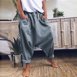 Fashion Harem Pants Women Casual Hip Hop Loose Trousers With Pocket Solid Colour Vintage Joggers Wide Leg Pants Women Capris 201031