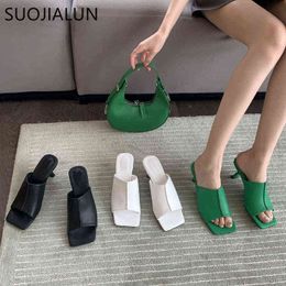 SUOJIALUN 2022 New Brand Green Women Slipper Fashion Thin High Heel Ladies Outdoor Beach Slides Elegant Sandal Shoes Flip Flops Y220221