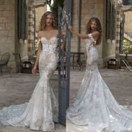 Berta 2021 Wedding Dresses Sexy Sweetheart Lace Appliques Beads Mermaid Bridal Gowns Custom Made Backless Sweep Train Wedding Dress
