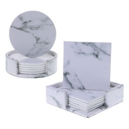 6pcs/set Marble Leather Round Square Drink Coasters Placemat Cup Mat Pad Holder Kitchen Tableware 201123