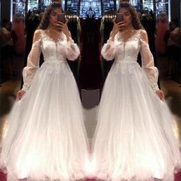 Setwell V-neck A-line Wedding Dresses Long Sleeves Lace Appliques Floor Length Summer Beach Plus Size Bridal Gowns