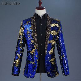 Luxury Royal Blue Sequin Dress Blazer Men Nightclub Stage Shawl Collar Mens Suit Jacket Wedding Party Stage Blazer Masculino 2XL LJ201006