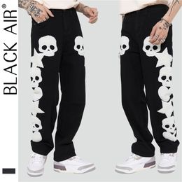 BLACKAIR Baggy-Jeans mit Totenkopfmuster und Skelett-Stickerei für Herren, Hip-Hop, High Street Cargo, Schwarz DY815 220228