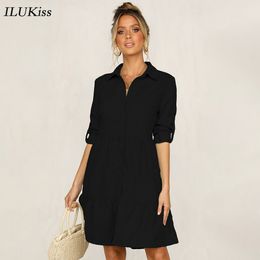 Spring Long Sleeve Solid Dress Shirt Women Turn-down Collar Pink Fashion Loose Black A line Party Woman Dresses Casual 2021 Fall Y0118