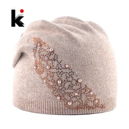 Fashion Knitted Solid Colour Hat With Pearl Rhinestone Women Autumn Winter Warm Angora Beanies Cap Ladies Elegant Skullies Bonnet Y201024