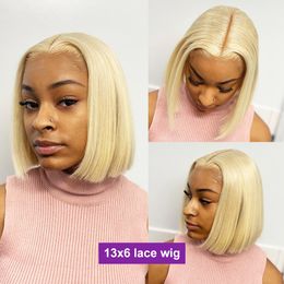 150% Remy Plucked 613 Honey Blonde Colour Straight 13x6 Transparent Lace Frontal Human Hair Wig Brazilian Short Bob T Part Lace Bob Wigs for Women